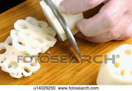 Stock Image - Chef cutting lotus root, close up. Fotosearch