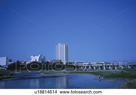 Picture - Cityscape with Tamagawa river, Tokyo Prefecture, Honshu, Japan. Fotosearch