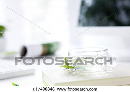 Stock Photo - Cup of herb tea on desk in office, close up, differential focus. Fotosearch