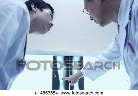 Picture - Doctors discussing X-rays, white background. Fotosearch