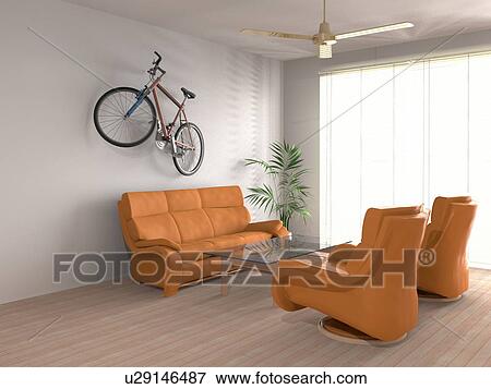 Stock Photo - Empty living room, bicycle on wall, computer graphic. Fotosearch