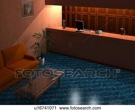 Stock Image - Empty reception area, computer graphic. Fotosearch