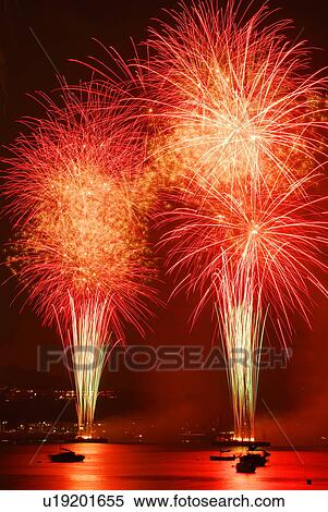 Stock Photography - Fireworks exploding in sky, long exposure, Zushi city, Kanagawa prefecture, Japan. Fotosearch
