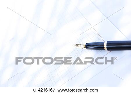 Stock Photo - Fountain pen on paper, close up, white background. Fotosearch