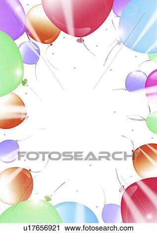 Stock Image - Frame of colorful balloons, white background, copy space, computer graphic. Fotosearch