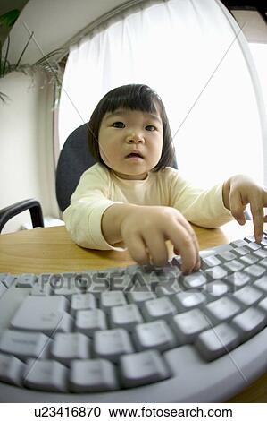 Stock Image - Girl touching computer keyboard, fish-eye lens. Fotosearch
