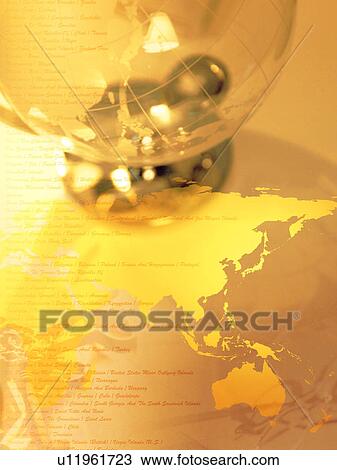Stock Image - Globe on image of world map, computer graphic. Fotosearch
