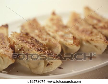 Picture - Gyoza, fried Chinese-style dumplings, served on a plate. Fotosearch