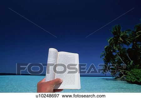 Stock Photo - Hand holding a book at a beach, Maldives. Fotosearch