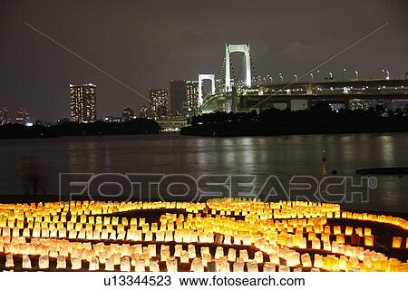 Illuminated Rainbow Bridge, lanterns floating on Tokyo Bay, long exposure, Tokyo prefecture, Japan View Large Photo Image Stock Image - Illuminated Rainbow Bridge, lanterns floating on Tokyo Bay, long exposure, Tokyo prefecture, Japan. Fotosearch
