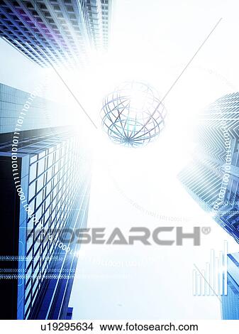 Picture - Image of globe and office buildings, computer graphic. Fotosearch