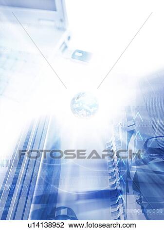 Stock Image - Image of globe and office buildings, computer graphic. Fotosearch