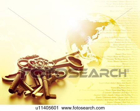 Stock Image - Image of globe and old keys, computer graphic. Fotosearch