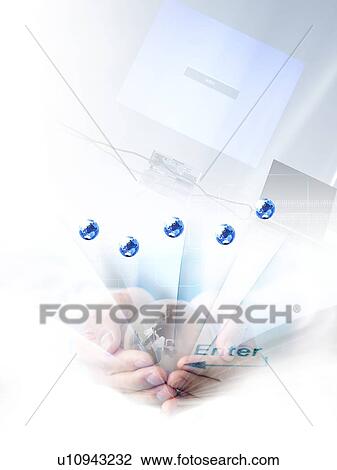 Stock Image - Image of laptop and man holding globe, computer graphic, white background. Fotosearch