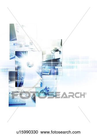 Stock Image - Image of office supplies, computer graphic, white background. Fotosearch