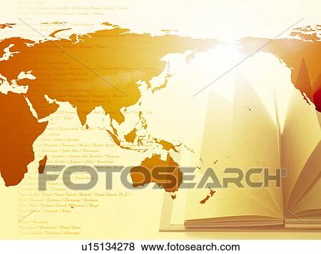 Stock Photo - Image of world map and notebook, computer graphic. Fotosearch