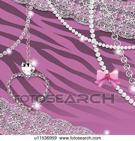 Stock Photo - Jewelry, heart, ribbon, laces and zebra pattern, CG. Fotosearch