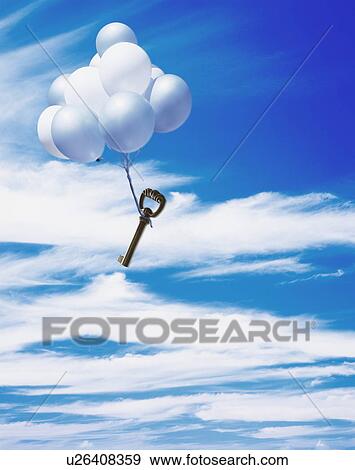 Key hanging on bunch of balloons floating in sky, computer graphic View Large Photo Image Stock Photo - Key hanging on bunch of balloons floating in sky, computer graphic. Fotosearch