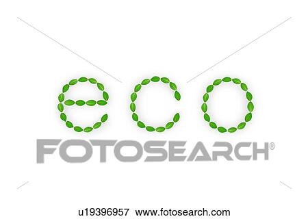 Stock Photo - Leaves spelling 'eco', computer graphic, white background. Fotosearch