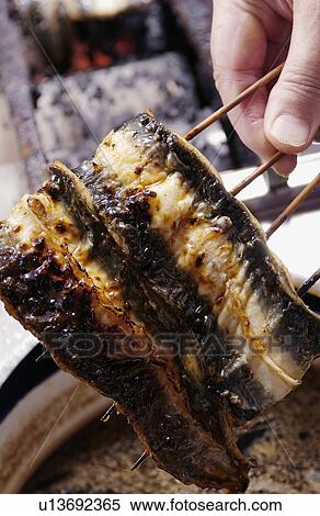 Stock Photography - Man holding skewered eel, close up. Fotosearch