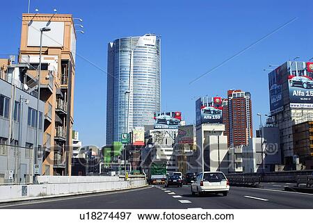 Stock Photo - Office buildings and highway, Tokyo prefecture, Japan. Fotosearch