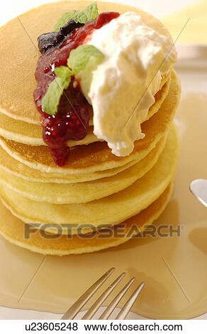 Stock Photo - Pancakes in a stack, high angle view. Fotosearch