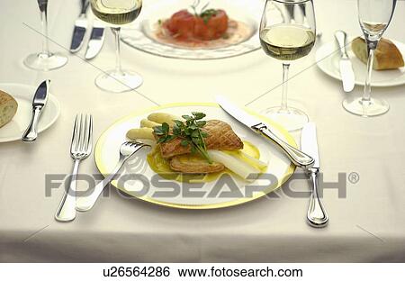 Plate of asparagus and puff pastry on table View Large Photo Image Stock Photograph - Plate of asparagus and puff pastry on table. Fotosearch