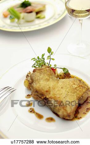Stock Photo - Plate of roasted chicken, white background. Fotosearch