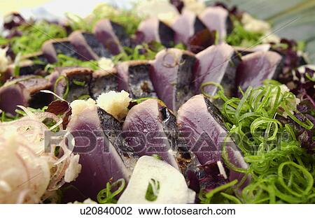 Plate of sliced bonito, close up View Large Photo Image Stock Image - Plate of sliced bonito, close up. Fotosearch