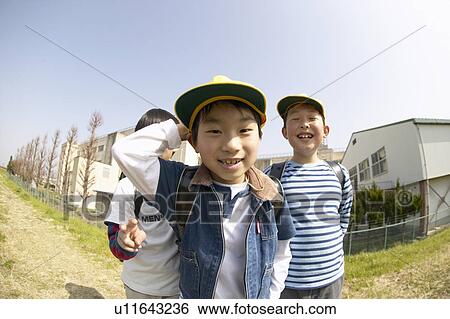 Stock Photograph - Portrait of schoolboys at riverbank, fish-eye lens. Fotosearch