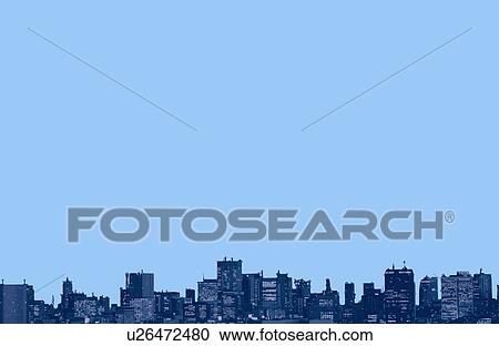 Stock Image - Silhouette of office buildings under sky, copy space, Tokyo prefecture, Japan. Fotosearch