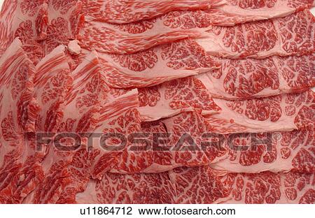 Stock Image - Sliced raw beef, close up, full frame. Fotosearch