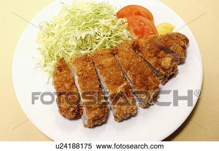 Stock Photography - Slices of deep fried pork on plate, white background. Fotosearch