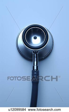 Picture - Stethoscope, close up, blue background. Fotosearch