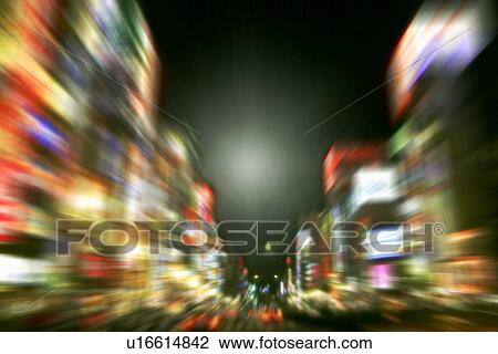 Stock Image - Tokyo cityscape in the night, long exposure, blurred motion, Tokyo prefecture, Japan. Fotosearch