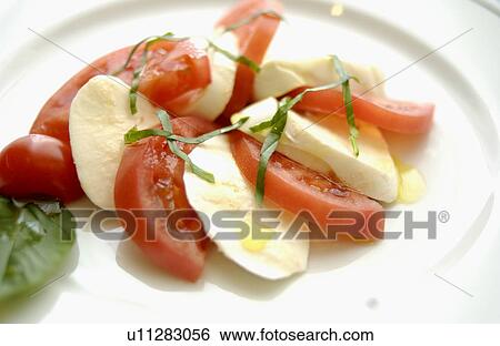 Tomatoes, mozzarella and basil salad View Large Photo Image Stock Photograph - Tomatoes, mozzarella and basil salad. Fotosearch