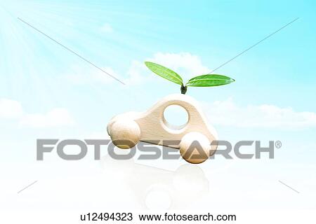 Stock Image - Toy car with seedling in sky, computer graphic. Fotosearch