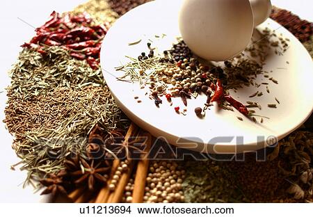 Picture - Various spices around mortar and pestle, white background. Fotosearch