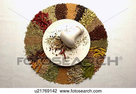 Stock Image - Various spices around mortar and pestle, white background. Fotosearch