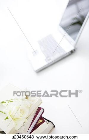 Stock Photo - White flowers on piled book, laptop in background, white background. Fotosearch