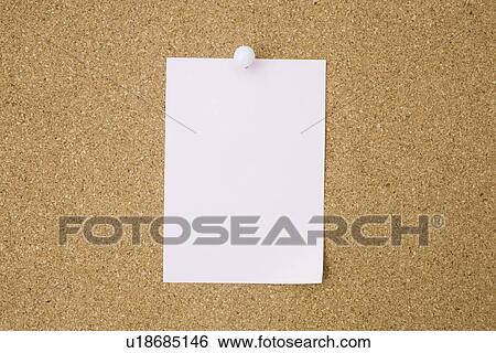Stock Photograph - White paper tacked on cork board, copy space. Fotosearch