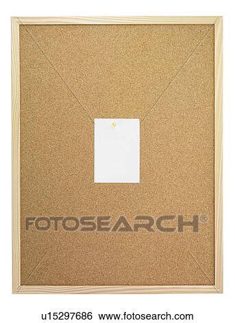 Stock Photograph - White paper tacked on cork board, white background, copy space. Fotosearch