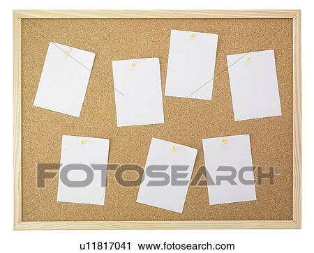 Stock Image - White papers tacked on cork board, white background. Fotosearch