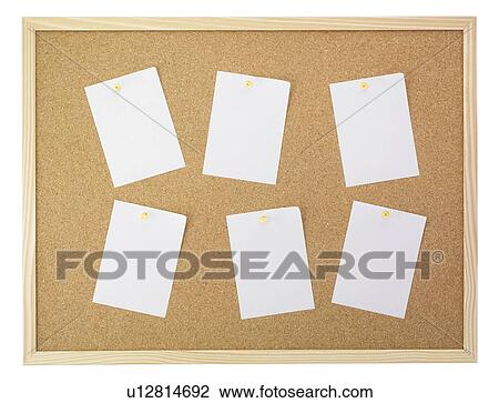 Stock Image - White papers tacked on cork board, white background. Fotosearch