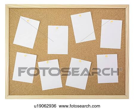 Stock Photograph - White papers tacked on cork board, white background. Fotosearch