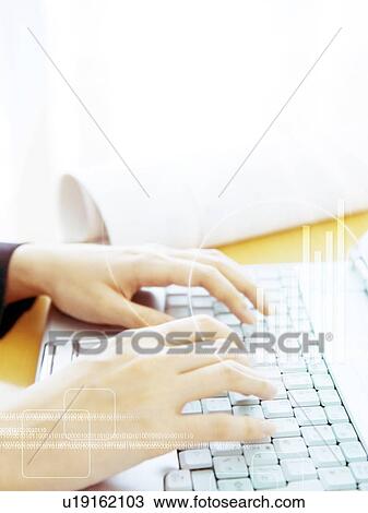 Stock Image - Woman using laptop, computer graphic. Fotosearch