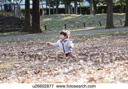 Young boy playing with fallen leaves View Large Photo Image Stock Photo - Young boy playing with fallen leaves. Fotosearch