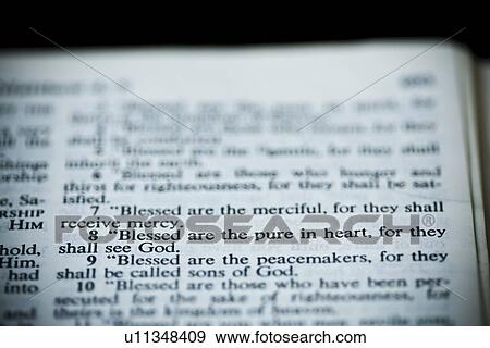 Stock Photo - the new american standard bible open to matthew 5: 8, the sermon on the mount (the beatitudes). Fotosearch