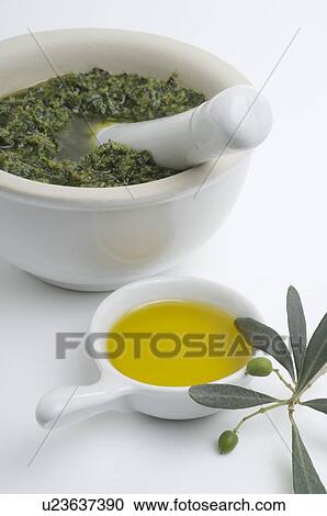 Stock Image - Bowls of olive oil and pesto. Fotosearch