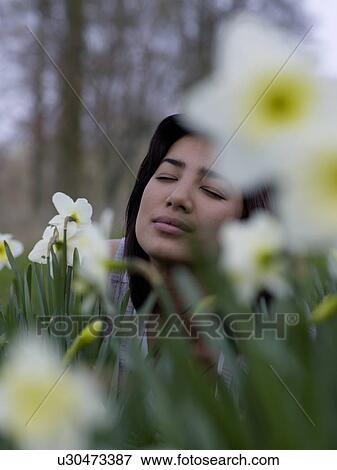 Dark-haired woman amongst flowers View Large Photo Image Stock Photo - Dark-haired woman amongst flowers. Fotosearch